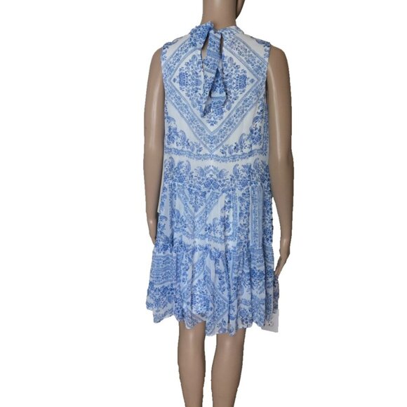 Calvin Klein Blue White Paisley Print Tiered Tie Mock Neck Shift Dress Size 8 - Picture 3 of 6
